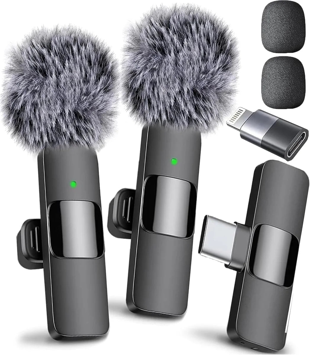 Mini Mic Pro Dual Pros — two wireless clip-on microphones with windscreens and adapters